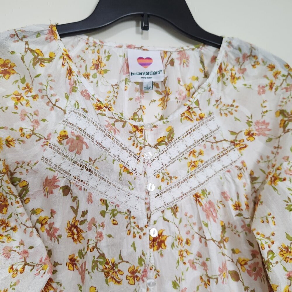 Hester & Orchard Size S Floral Multicolor Boho 3/4 Sleeve Women's Top Blouse - Picture 3 of 10